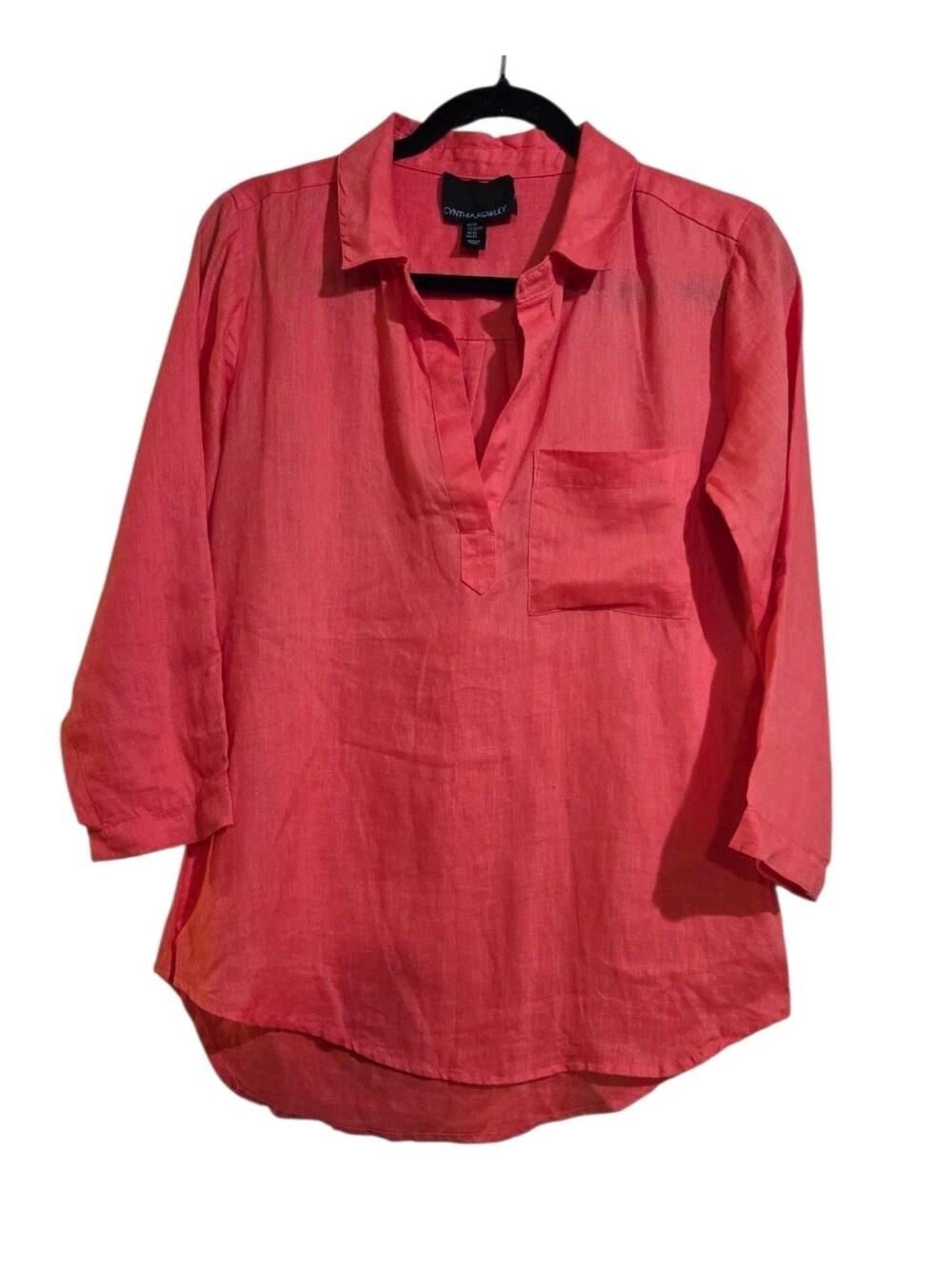 Cynthia Rowley Women’s Coral Linen Shirt Sz XS Popover Blouse 100% Linen Pocket